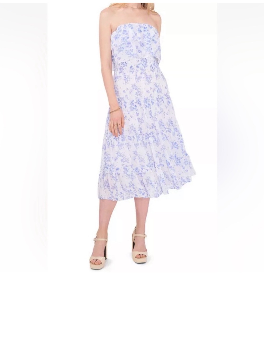 1.State Women’s Strapless Ruffle Countryside Ditsy Floral Midi Dress